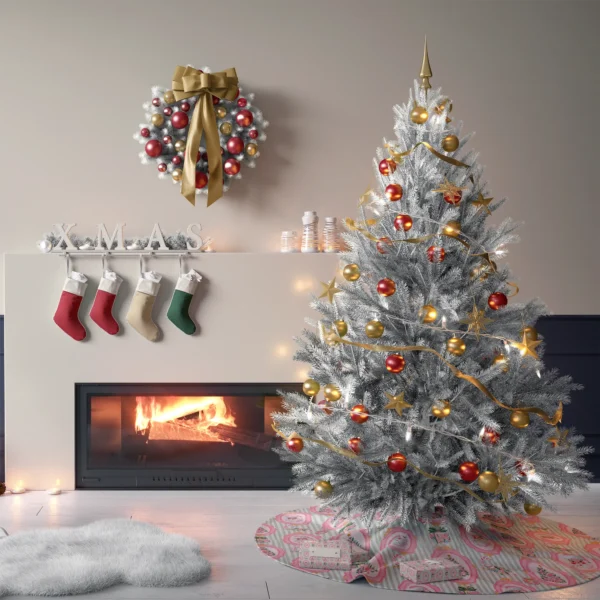 Tree on the sage-stripe pink Santa skirt in a living room with cream plaster walls