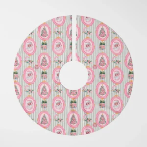 Sage-stripe pink Santa tree skirt shown flat from above on white