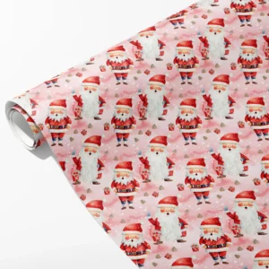 Roll of blush pink wrapping paper with watercolor Santas and tiny red presents, partly unrolled on white