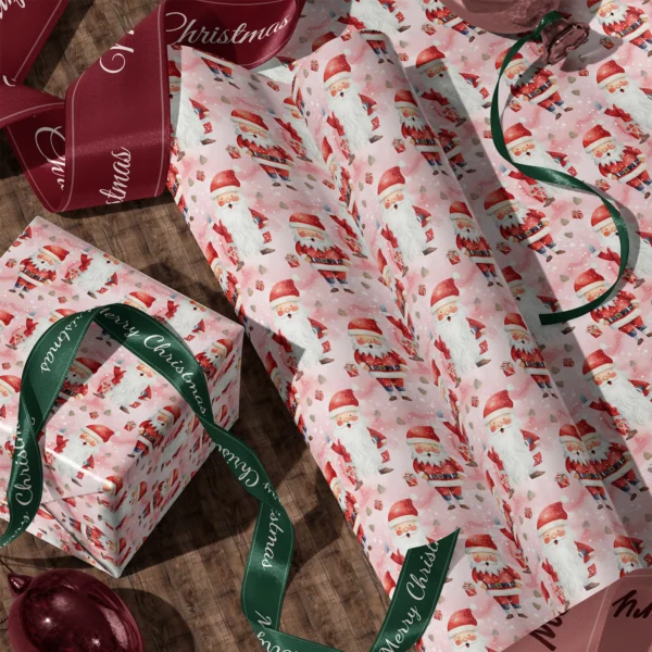 A sheet of pink watercolor Santa gift wrap and a wrapped box with satin ribbons on a wooden floor