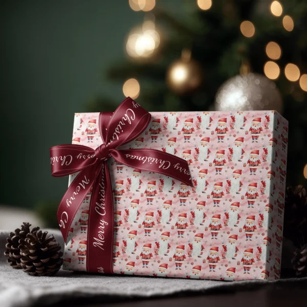Box wrapped in pink watercolor Santa paper with a satin ribbon bow, Christmas tree lights behind