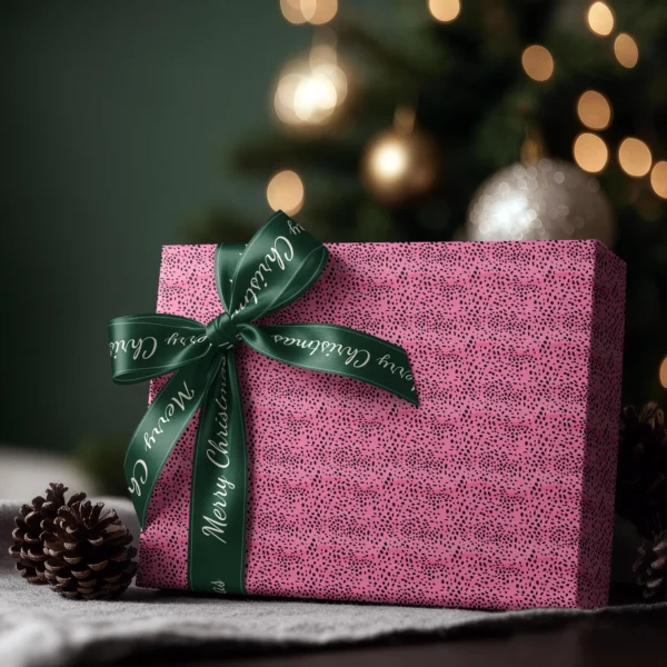 Box wrapped in hot pink spotted paper with a satin ribbon bow, Christmas tree lights behind
