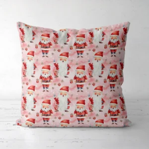Pink watercolor Santa pillow upright on a white floor, front side