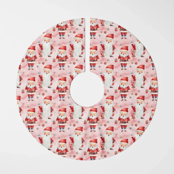 Pink watercolor Santa tree skirt lying flat, viewed from above on white