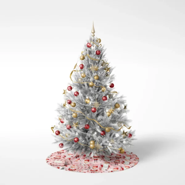 Decorated tree standing on the blush Santa skirt, plain white background