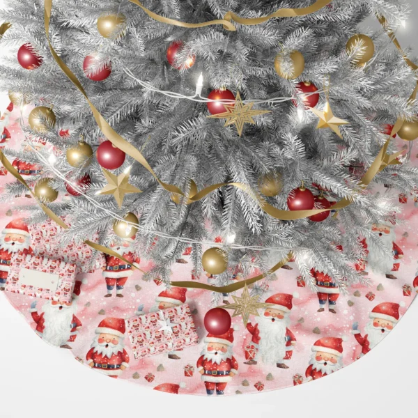 Blush pink Santa skirt below a lit tree with wrapped gifts