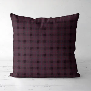 Plum and black plaid throw pillow, front view, hatched black blocks on deep plum
