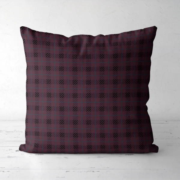 Plum and black plaid throw pillow, front view, hatched black blocks on deep plum