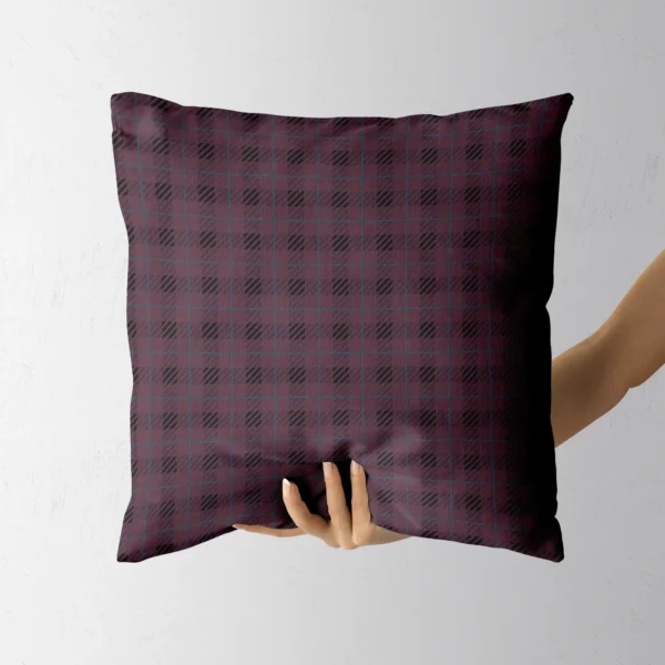 Hand holding the plum plaid throw pillow with teal lines