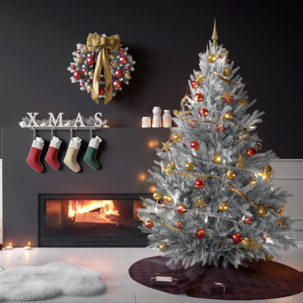 Tree on the plum and black plaid skirt in a living room with charcoal walls