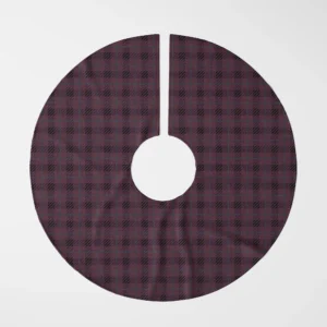 Plum and black plaid tree skirt laid flat, top view of hatched black blocks on plum