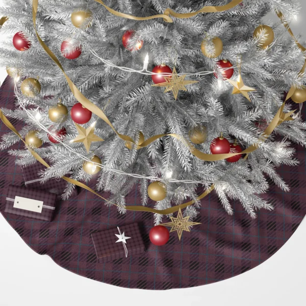 Plum plaid tree skirt under a lit tree surrounded by wrapped gifts