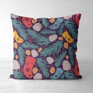 Plum stocking Christmas pillow on a white floor, front view