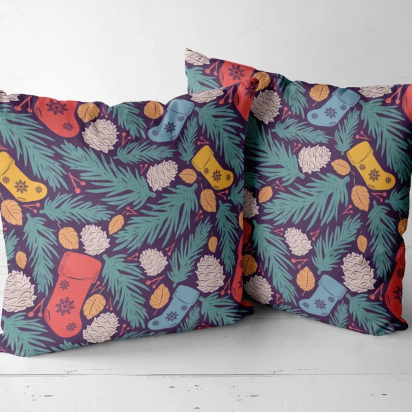 Two plum stocking throw pillows side by side