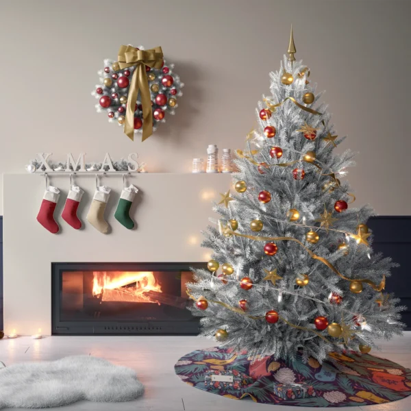 Tree on the plum stocking skirt in a living room with cream plaster walls