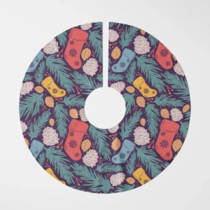 Plum stocking tree skirt laid flat, top view on white, colorful stockings among teal pine