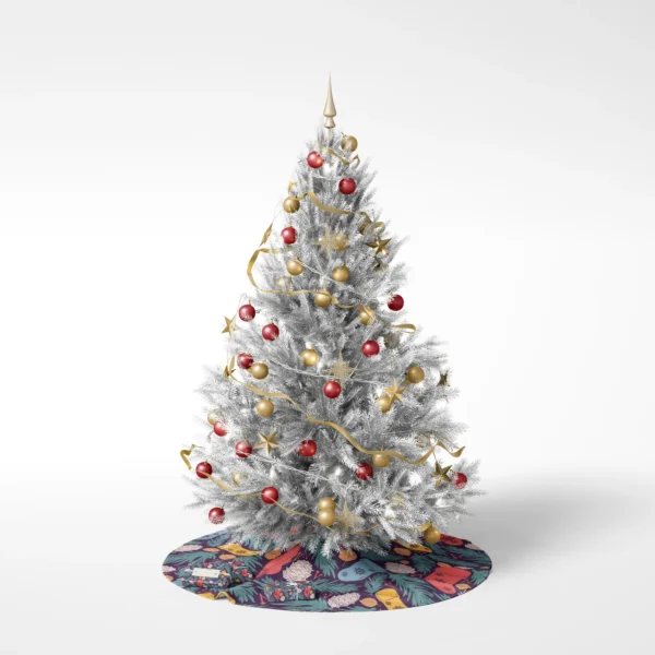 Decorated tree on white standing on the plum Christmas stocking skirt