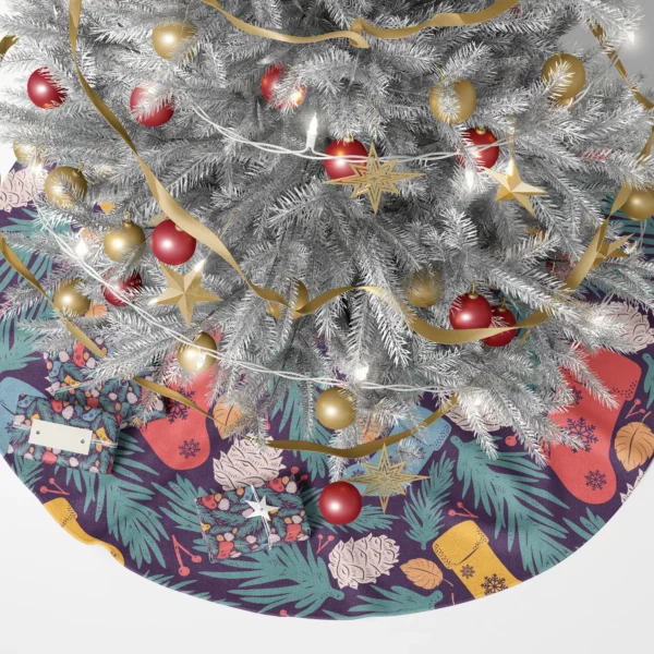 Plum stocking skirt under a lit Christmas tree surrounded by wrapped gifts