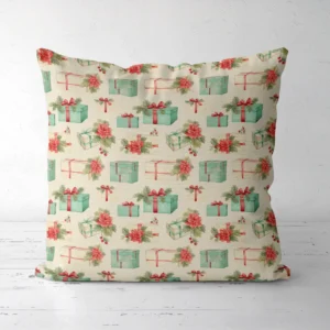 Poinsettia and gift pillow seen from the front on a white floor