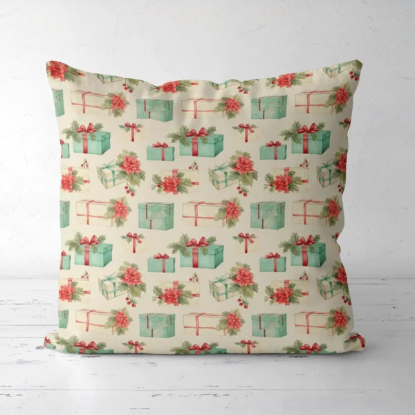 Poinsettia and gift pillow seen from the front on a white floor
