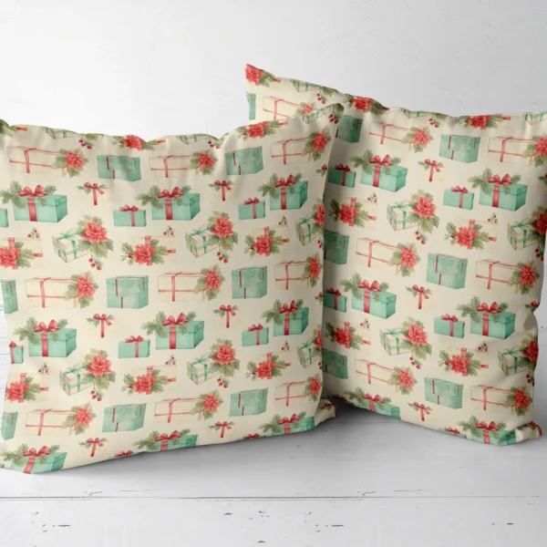 Two poinsettia and gift pillows lined up side by side