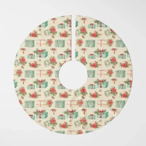 Poinsettia and gift tree skirt photographed flat from the top on white