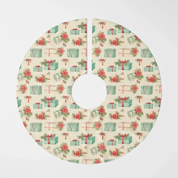 Poinsettia and gift tree skirt photographed flat from the top on white