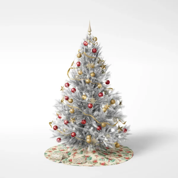 Fully trimmed tree on white placed over the poinsettia and gift skirt