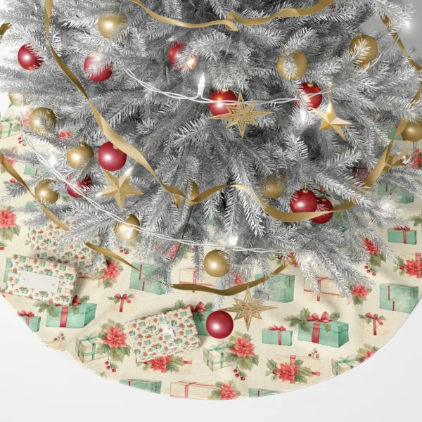 Poinsettia gift skirt under glowing branches with gift boxes