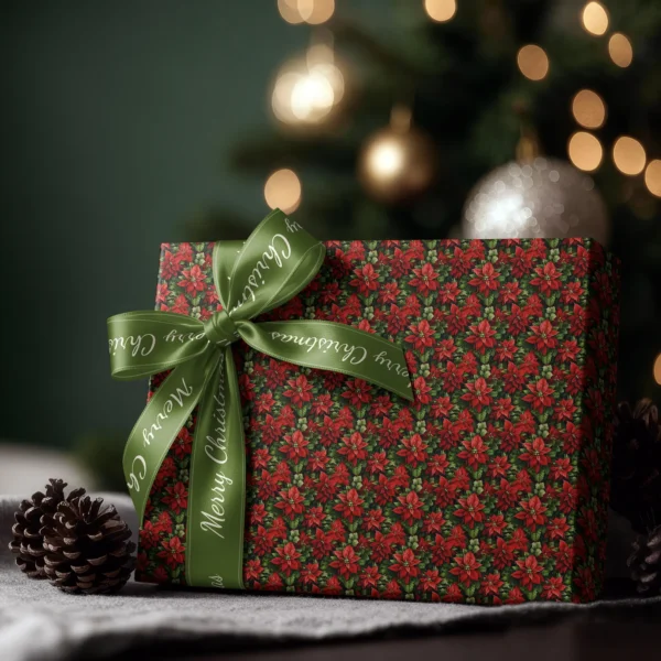 Box wrapped in dark green poinsettia paper with a satin ribbon bow, Christmas tree lights behind