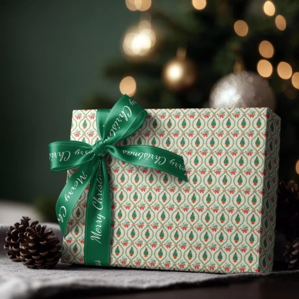 Box wrapped in potted tree lattice paper with a satin ribbon bow, Christmas tree lights behind
