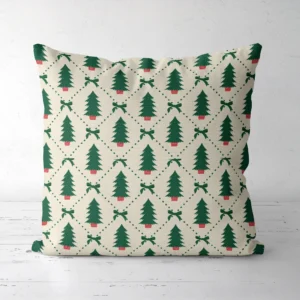 Potted tree diamond Christmas pillow, front view of firs in red pots