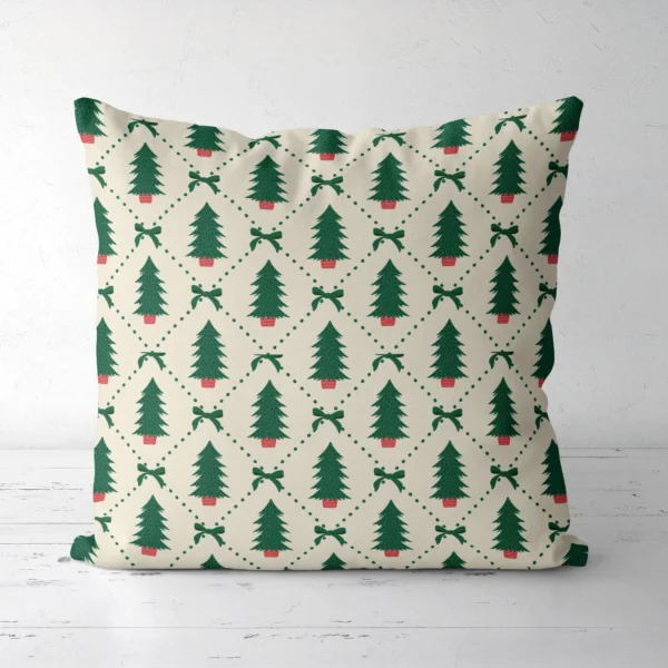 Potted tree diamond Christmas pillow, front view of firs in red pots