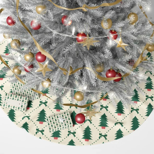 Cream potted tree skirt beneath a lit Christmas tree with wrapped gifts