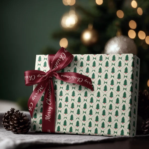 Box wrapped in potted tree diamond paper with a satin ribbon bow, Christmas tree lights behind