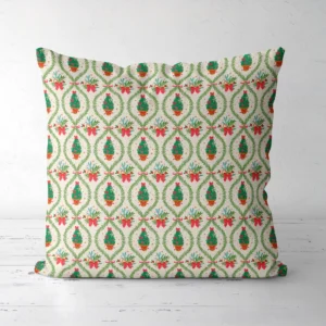 Potted tree lattice Christmas pillow, front view, on a white floor
