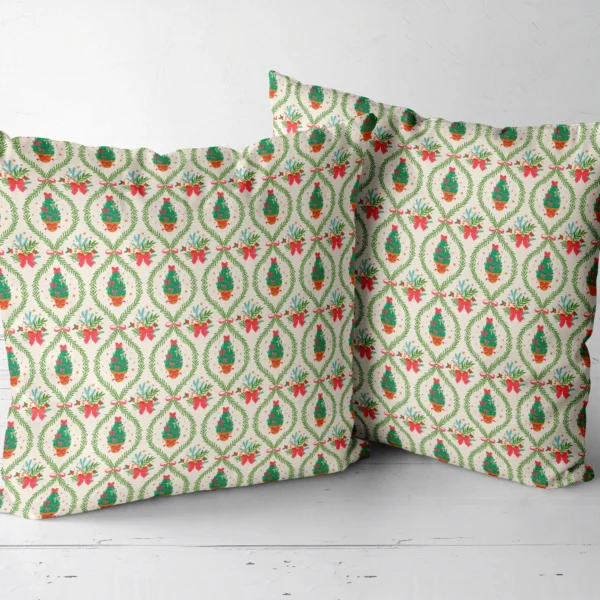 Two potted tree lattice throw pillows placed side by side