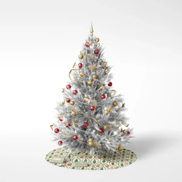 Christmas tree on a white backdrop resting on the potted tree lattice skirt