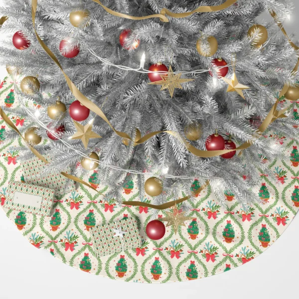 Potted tree lattice skirt beneath a lit tree with wrapped presents