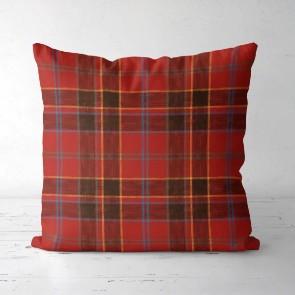 Red and black block plaid Christmas pillow, front view, dark squares on scarlet
