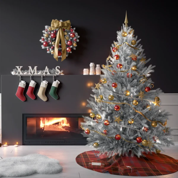 Tree on the red and black block plaid skirt in a living room with charcoal walls
