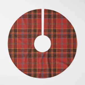 Red and black block plaid tree skirt laid flat, top view of dark squares on scarlet