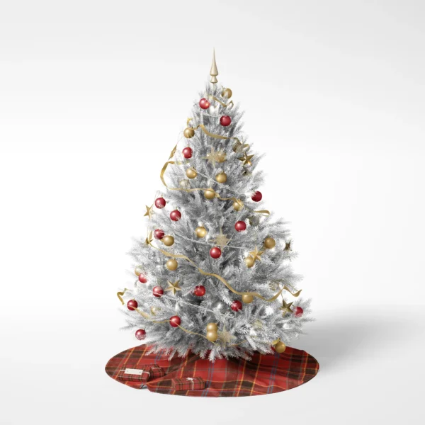 Decorated Christmas tree on a white background standing on the block plaid skirt