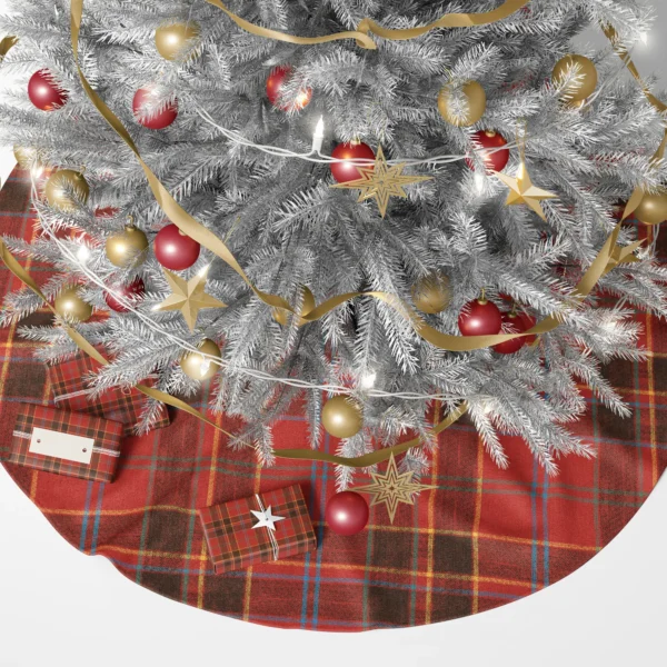 Scarlet and black plaid tree skirt under a lit Christmas tree with presents