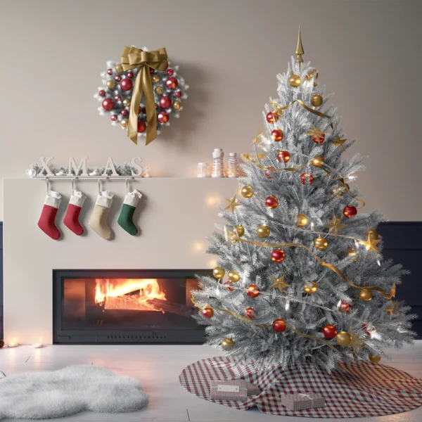 Tree on the gingham check skirt in a living room with cream plaster walls