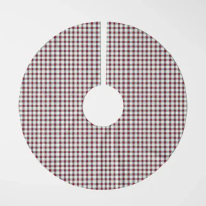 Red and blue gingham tree skirt laid flat, top view on white, barn-red squares on a cream check