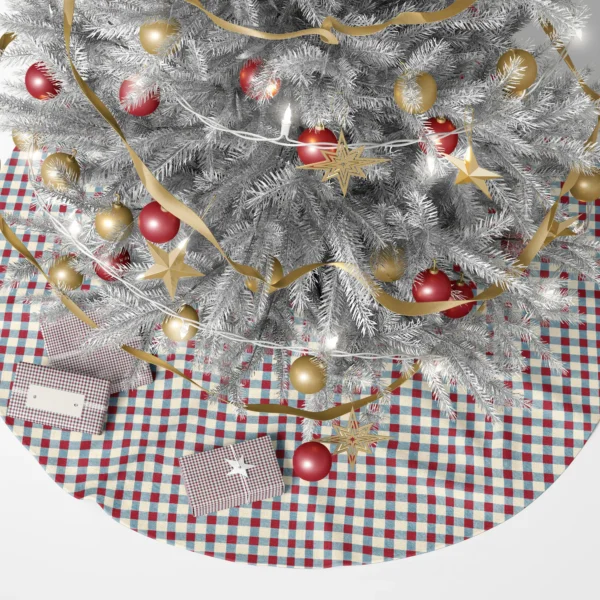 Gingham tree skirt beneath a lit tree with wrapped presents around it