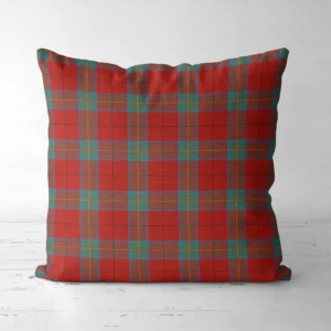 Red and teal windowpane Christmas pillow, front view, coral panes in teal frames