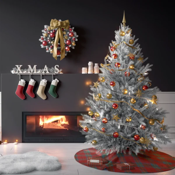 Tree on the red and teal windowpane skirt in a living room with charcoal walls