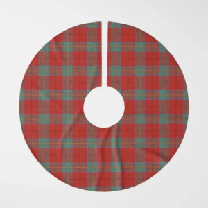 Red and teal windowpane tree skirt laid flat, top view of coral panes in teal frames